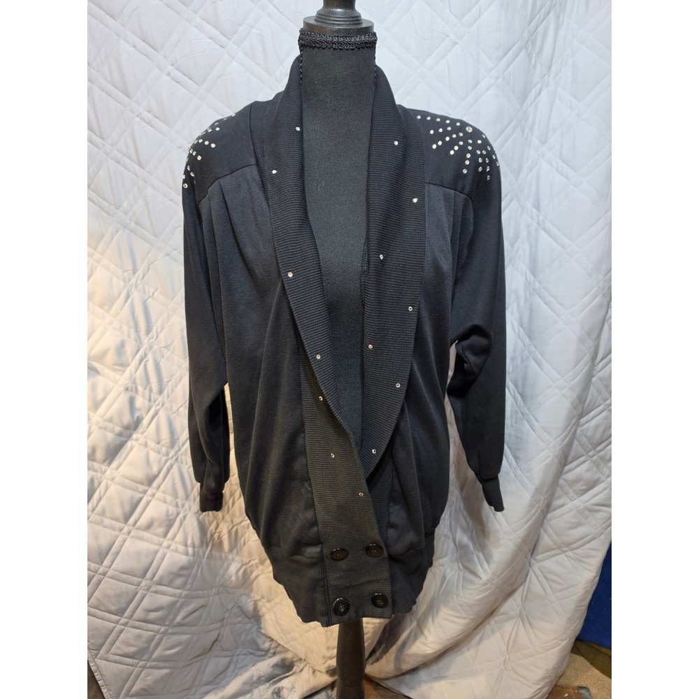 Vintage Milano Club Black Rhinestone Studded Shoulder Pad Cardigan Jacket Medium